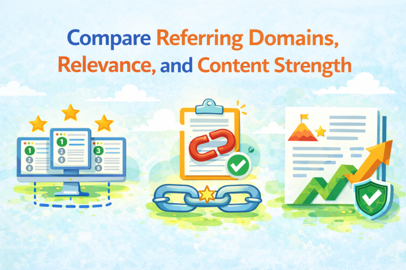 Compare referring domains, relevance, and content strength